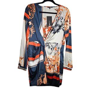 Floral Baroque Print Long Sleeve Faux Wrap Mini Dress Size XL Fashion Nova